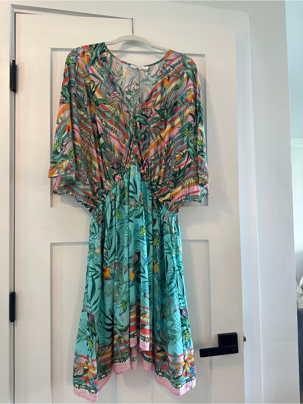 Johnny Was Flowy Tropical Print Beach Dress in Teal and Multicolor Size XL